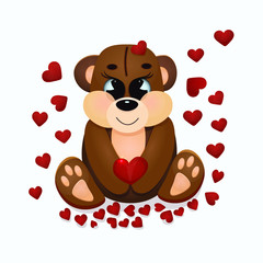Cute brown Teddy bear on isolated white background holding a red heart. Cartoon character. Funny kids toy.