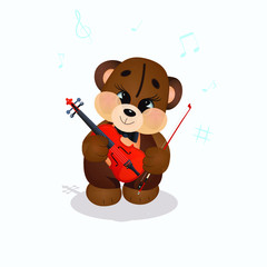 Cute brown Teddy bear holding a violin. Cartoon character. Funny kids toy.