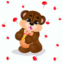 Cute brown Teddy bear holding an ice-cream cone. Cartoon character. Funny kids toy.