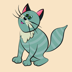 Cute grey tabby cat with green eyes. Cartoon character. A fun children's toy.