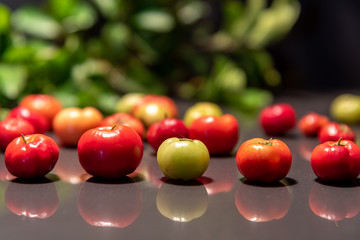 Fresh fruits of acerola (Malpighia emarginata) on mirrored background