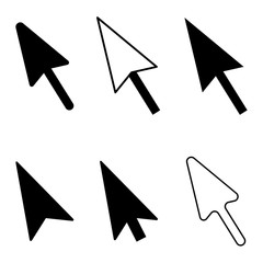 Cursors in the form of arrows of different types. Black and white arrows of a unique shape. Vector illustration. Stock Photo.
