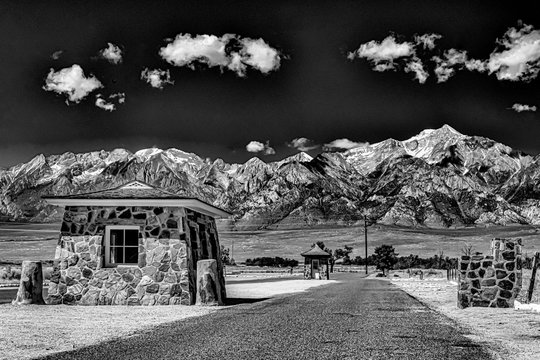 Grayscale shot of Manzanar Japanese Internment Camp in California, USA
