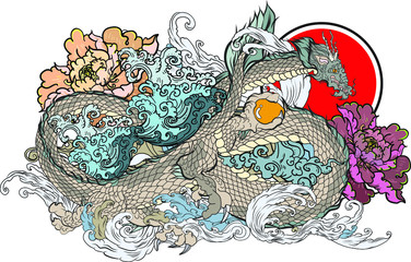 Infinity dragon with peony and water wave tattoo.Japanese dragon tattoo.