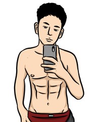 Cartoon man use phone for selfie