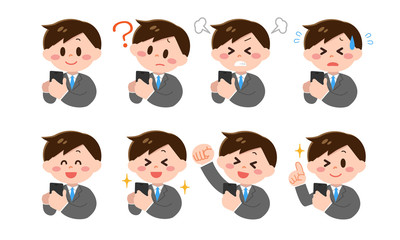 スマートフォンを操作するスーツ姿の男性イラストセット
