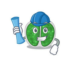 Cartoon character of chroococcales bacteria brainy Architect with blue prints and blue helmet