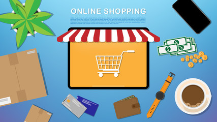 Online shopping,concept desktop with table, shopping bags, credit cards and coffee cup , vector illustrations EPS 10