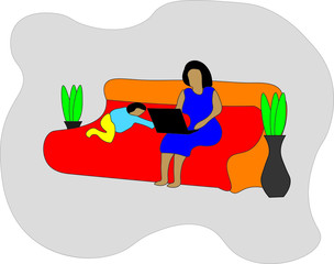 Simple vector of work from home woman with her child. Covid-19 related issue.