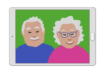 Seniors couple on a generic tablet screen. Boomer Generation people in a video call. Grandma and Grandpa smiling. Flat illustration with a 3D look.