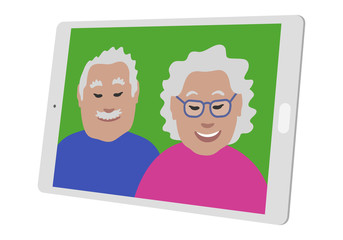 Seniors couple on a generic tablet screen. Boomer Generation people in a video call. Grandma and Grandpa smiling. Flat isometric illustration.
