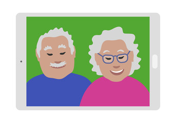 Seniors couple on a generic tablet screen. Boomer Generation people in a video call. Grandma and Grandpa smiling. Flat vector illustration.
