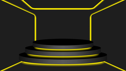 black circle pedestal 3d and yellow light neon lamp glowing, cosmetics display modern and led light, podium stage show for position decor yellow fluorescent glow light, pedestal box for product place