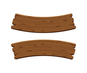 curved wooden planks isolated on white background, wood plank curve for signs and copy space, wooden signs curve shape, empty wood plank dark brown for message text