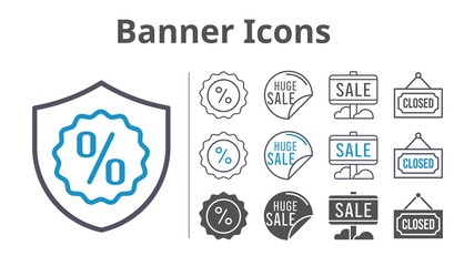 banner icons icon set included sale, warranty, discount, closed icons