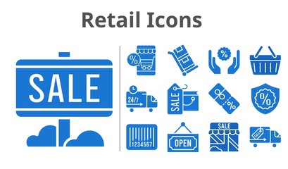 retail icons set. included online shop, shopping bag, sale, shop, discount, warranty, shopping-basket, delivery truck, barcode, open, trolley icons. filled styles.