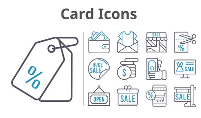 card icons set. included gift, online shop, newsletter, sale, wallet, shop, money, voucher, price tag, open icons. bicolor styles.