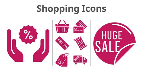 shopping icons set. included sale, price tag, discount, shopping-basket, credit card, delivery truck, trolley icons. filled styles.