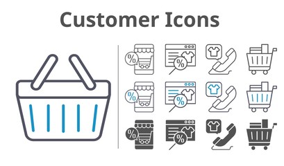 customer icons icon set included online shop, shopping cart, phone call, shopping-basket icons