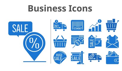 business icons set. included profits, online shop, shopping bag, newsletter, sale, wallet, shopping cart, shopping-basket, delivery truck, placeholder, barcode icons. filled styles.