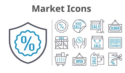 market icons set. included shopping bag, sale, shop, voucher, shopping cart, warranty, discount, closed, barcode, open icons. bicolor styles.