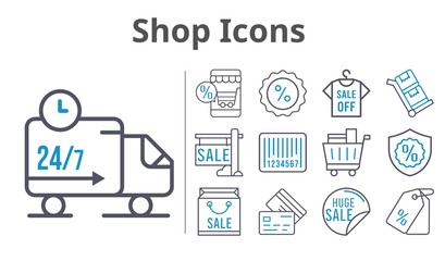 shop icons set. included online shop, shopping bag, sale, shirt, price tag, shopping cart, discount, warranty, credit card, delivery truck, barcode, trolley icons. bicolor styles.