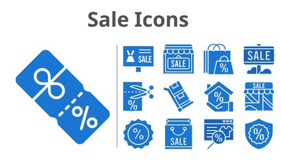 sale icons set. included shopping bag, online shop, sale, shop, mortgage, voucher, warranty, discount, trolley icons. filled styles.