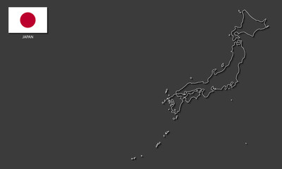 Obraz premium Map outline of Japan (white thin line) with Japanese flag at the top right corner on the dark grey background.