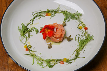 Exquisite salmon dish, creative restaurant meal concept, haute couture food	