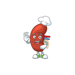 Leaf human kidney cartoon design style proudly wearing white chef hat