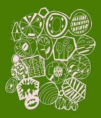 Geometric patchwork with hand drawn plants. Color vector illustration. Can be used in social networks, for articles, publications, cards, print, poster, sticker, on a t-shirt.