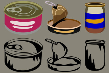 Set of three canned food, in two versions color and black and white.