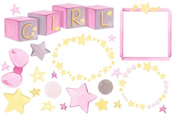 Watercolor hand drawn set of objects. Baby girl pink style stuff, frames, and toys .