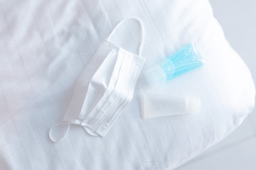 Coronavirus prevention medical surgical masks and hand sanitizer gel for hand hygiene corona virus protection.