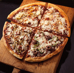 pizza on a wooden board