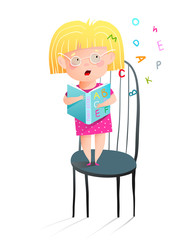 Little girl reading ABC book aloud, standing on chair. Fun humorous child study to read book, adorable preschooler kid holding open ABC saying letters. Vector fun cartoon clipart isolated on white.