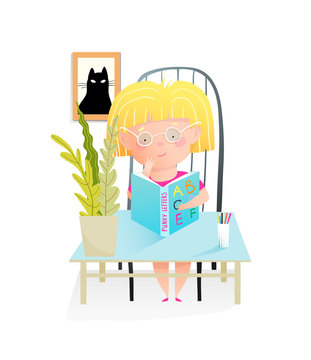 Little girl reading ABC book, sitting at desk in classroom holding open ABC book. Funny cute child study to read book at school, adorable preschooler kid character. Vector fun cartoon isolated clipart