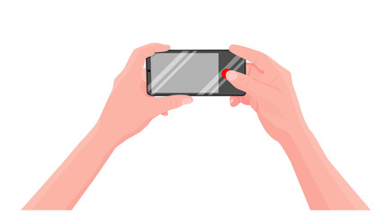 Men holds a smartphone in hands and takes a pictures with phone's camera. First-person view. Isolated on white background, free space for your pictures. Vector illustration. 