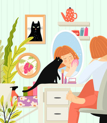 Woman closeup sit at cosmetic table with reflection in mirror doing makeup or face care everyday girly beauty routine. Lady cozy room interior and everyday morning facial ritual. Flat vector design.