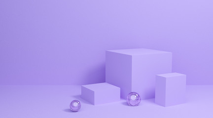 Abstract cosmetics background with purple geometric shape. 3d rendering for display product, banner on website. Minimal mockup with 3d sphere and violet podium scene. Empty showcase for advertising.