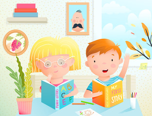 Happy kids reading books in classroom at school. Little boy and girl wearing glasses sitting at the desk at school at home or library, studying. Vector watercolor style cartoon.