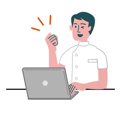 医師　医者　看護師　医療従事者　男性　パソコン　ガッツポーズ