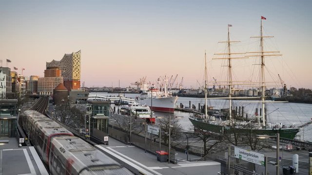 Timelapse of harbor and s-bahn station in Hamburg, Germany