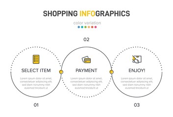 Concept of shopping process with 3 successive steps. Three colorful graphic elements. Timeline design for brochure, presentation, web site. Infographic design layout.