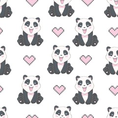 Seamless pattern with cute hand drawn panda' heads. Animal tiling background.