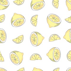 Watercolor seamless pattern with lemons on the white background. Vector illustration. Hand drawn background.