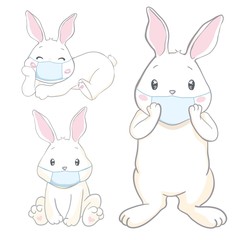 Easter bunny with protective mask vector. Funny easter bunny with coronavirus mask icon. Easter bunny wearing medical mask on face to prevent flu vector. Funny coronavirus easter 2020 greeting card