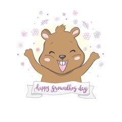 Vector illustration with groundhog and text. Happy Groundhog Day Theme.