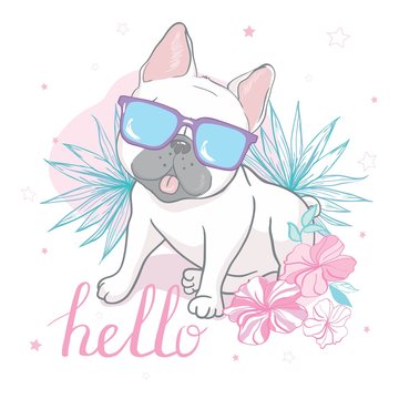 cute french bulldog princess, hand drawn graphic, animal illustration