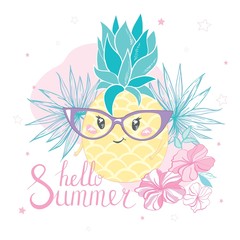 Cute vector pineapple illustration. Cartoon funny graphic food. Typography quote